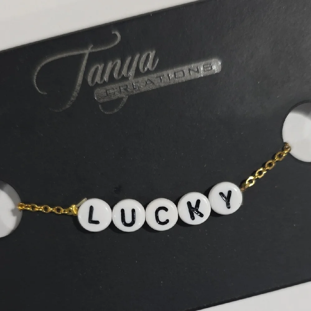 Elegant “LUCKY” Bracelet – Black & White Beads on Gold Chain Affirmation Jewelry
